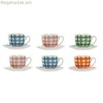 6 բաժակների հավաքածու ափսեով Home ESPRIT Կապույտ-կանաչ Նարնջագույն Վարդագույն ճենապակյա շերտեր Միջերկրածովյան 240 մլ