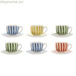 6 բաժակների հավաքածու ափսեով Home ESPRIT Դեղին Կապույտ-Կանաչ Մարջանե Ճենապակյա շերտեր Միջերկրածովյան 240 մլ